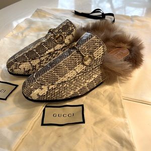 GUCCI Python Snakeskin & Lamb Wool Fur Slip on Princetown